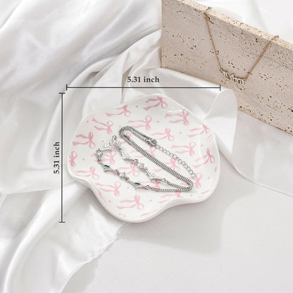 Ceramic Jewelry Tray, Pink Bow Style | Aesthetic Ring Dish, Small Checkered Trinket Holder, Modern Room Decor, Vanity Essentials
