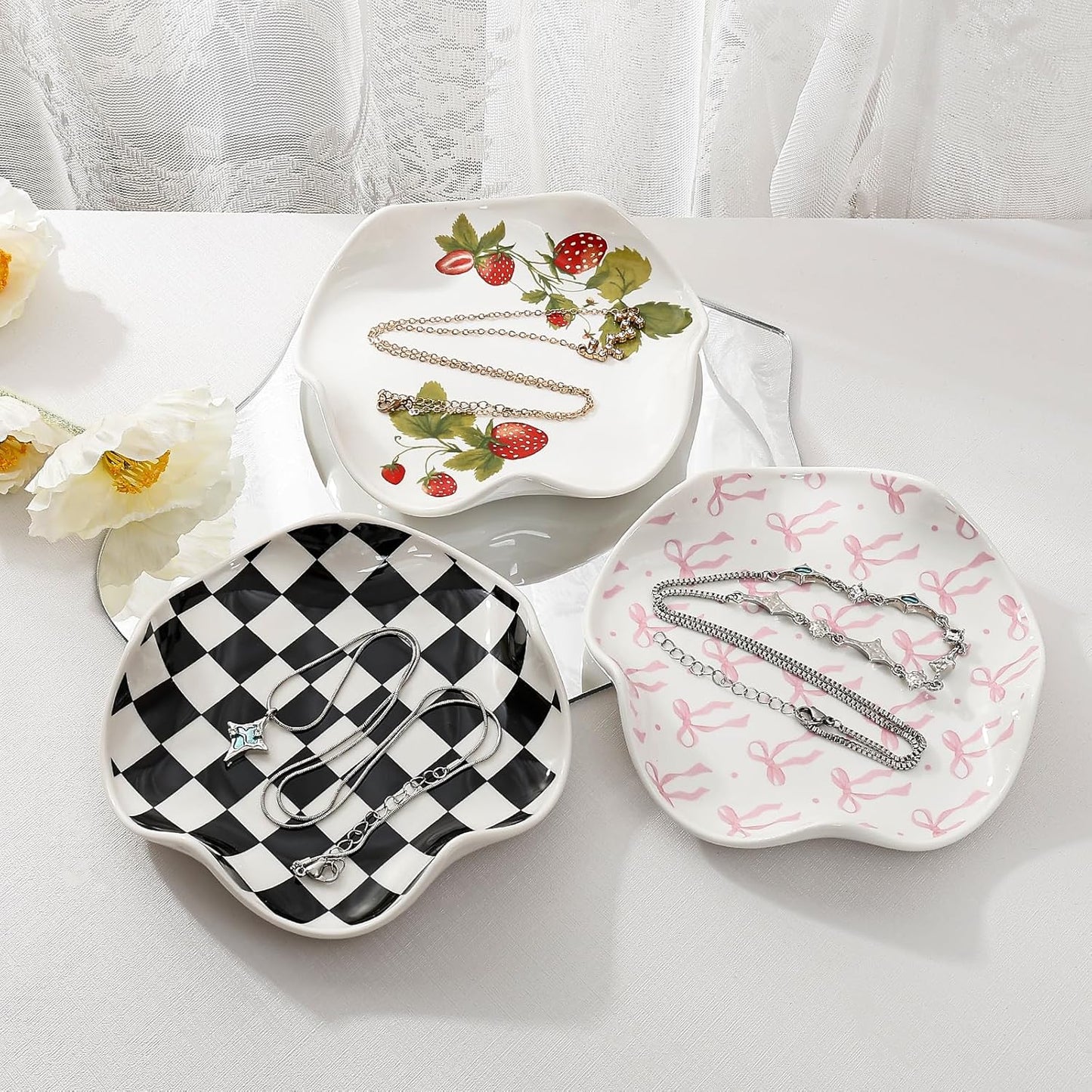 Ceramic Jewelry Tray, Pink Bow Style | Aesthetic Ring Dish, Small Checkered Trinket Holder, Modern Room Decor, Vanity Essentials