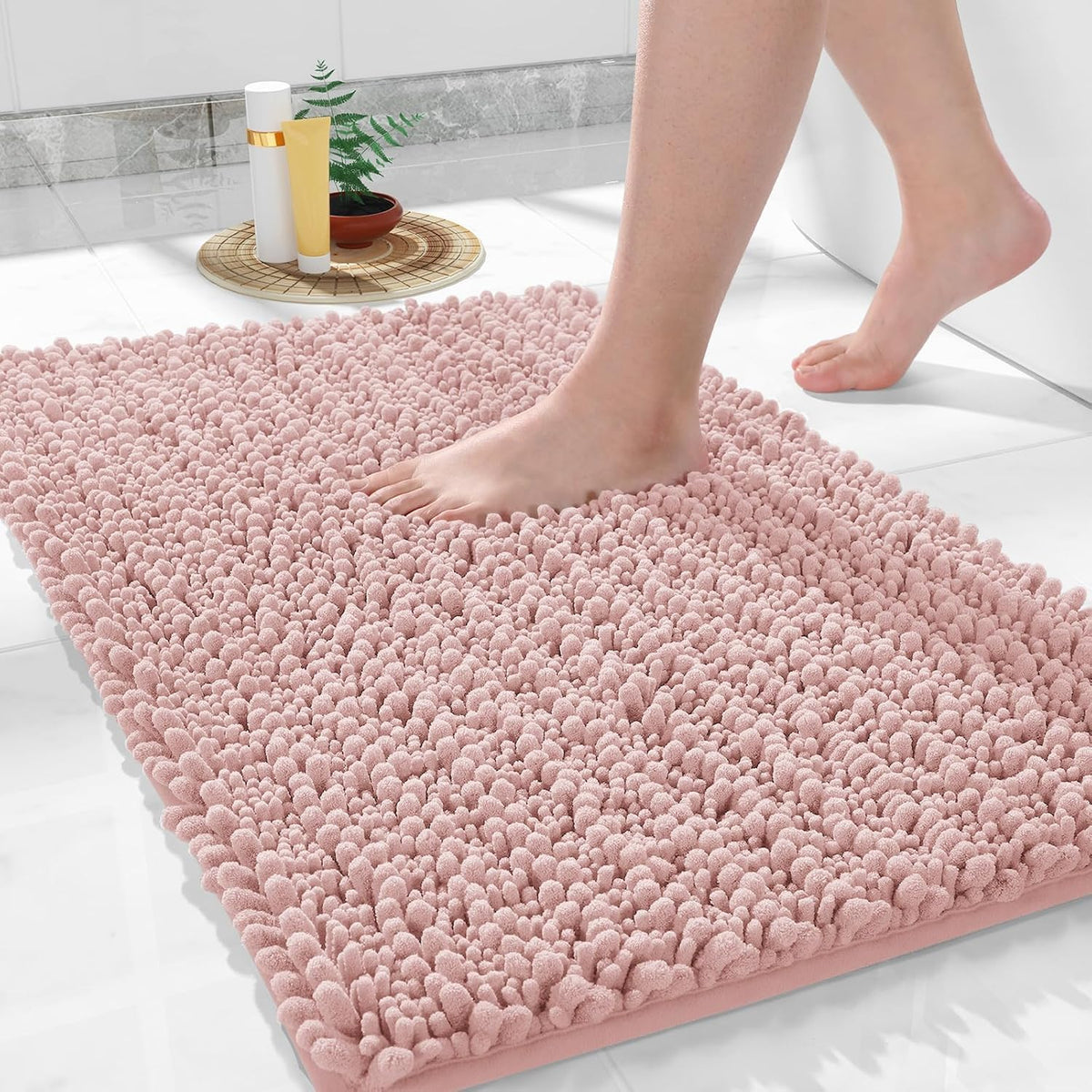 Bathroom Rugs Non Slip Washable 32x20 Inch - Ultra Soft Absorbent Chenille Bath Mat, Quick Dry Shaggy Floor Carpet for Tub Shower, Light Pink Home Decor Accessories