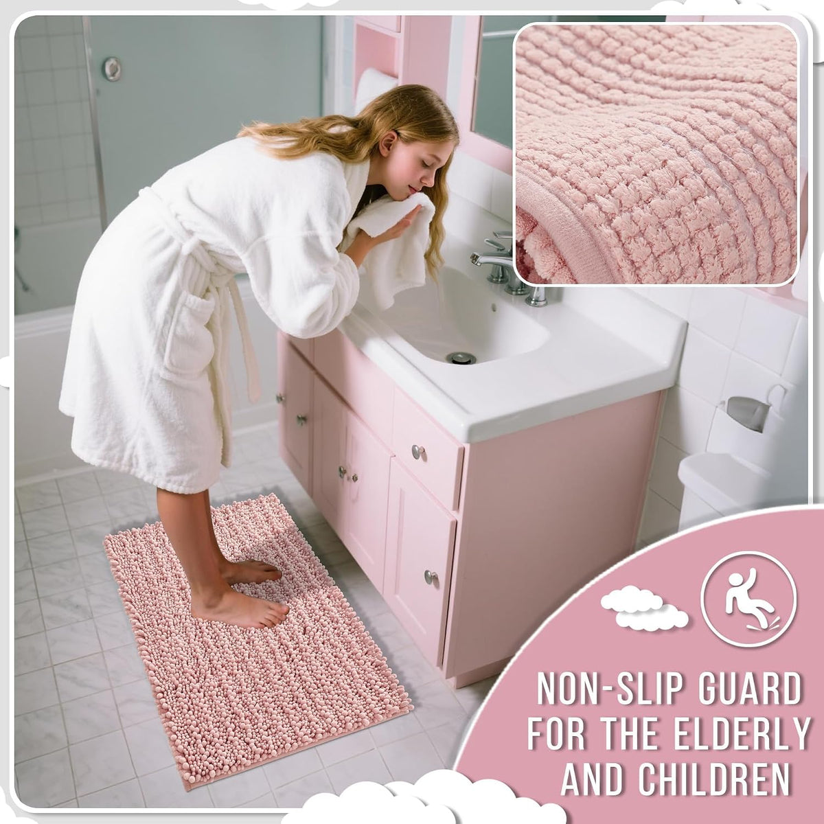 Bathroom Rugs Non Slip Washable 32x20 Inch - Ultra Soft Absorbent Chenille Bath Mat, Quick Dry Shaggy Floor Carpet for Tub Shower, Light Pink Home Decor Accessories