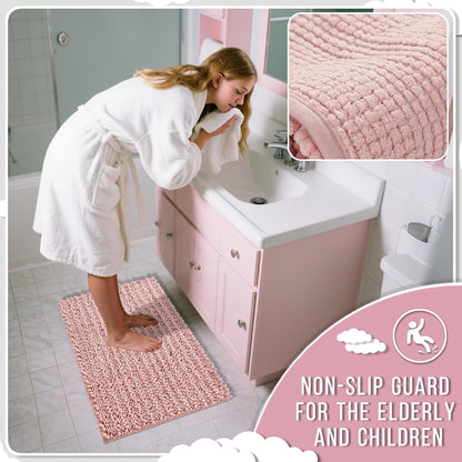 Bathroom Rugs Non Slip Washable 32x20 Inch - Ultra Soft Absorbent Chenille Bath Mat, Quick Dry Shaggy Floor Carpet for Tub Shower, Light Pink Home Decor Accessories