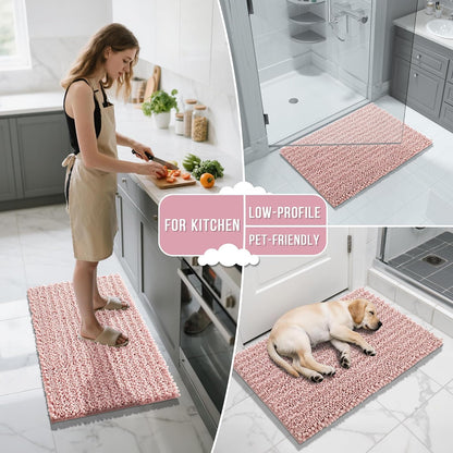 Bathroom Rugs Non Slip Washable 32x20 Inch - Ultra Soft Absorbent Chenille Bath Mat, Quick Dry Shaggy Floor Carpet for Tub Shower, Light Pink Home Decor Accessories