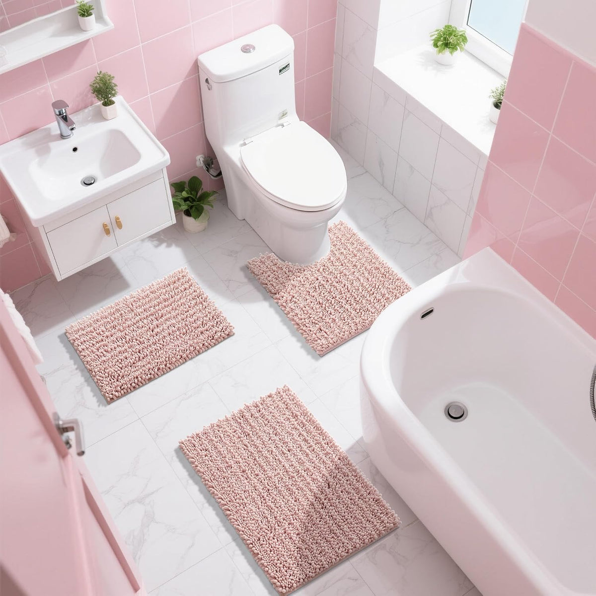 Bathroom Rugs Non Slip Washable 32x20 Inch - Ultra Soft Absorbent Chenille Bath Mat, Quick Dry Shaggy Floor Carpet for Tub Shower, Light Pink Home Decor Accessories