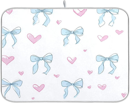 Light Blue Bows Pink Hearts Dish Drying Mat Absorbent Dishes Drainer Rack Mats Microfiber Reversible Dish Drying Pad Fast Dry Kitchen Accessories 16x18in For Kitchen Counter