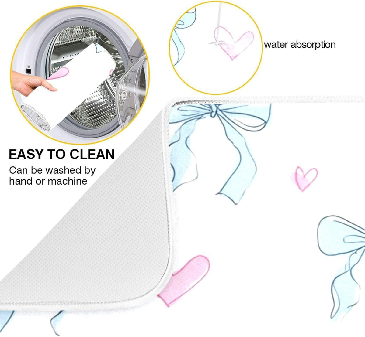 Light Blue Bows Pink Hearts Dish Drying Mat Absorbent Dishes Drainer Rack Mats Microfiber Reversible Dish Drying Pad Fast Dry Kitchen Accessories 16x18in For Kitchen Counter