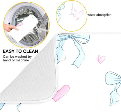 Light Blue Bows Pink Hearts Dish Drying Mat Absorbent Dishes Drainer Rack Mats Microfiber Reversible Dish Drying Pad Fast Dry Kitchen Accessories 16x18in For Kitchen Counter