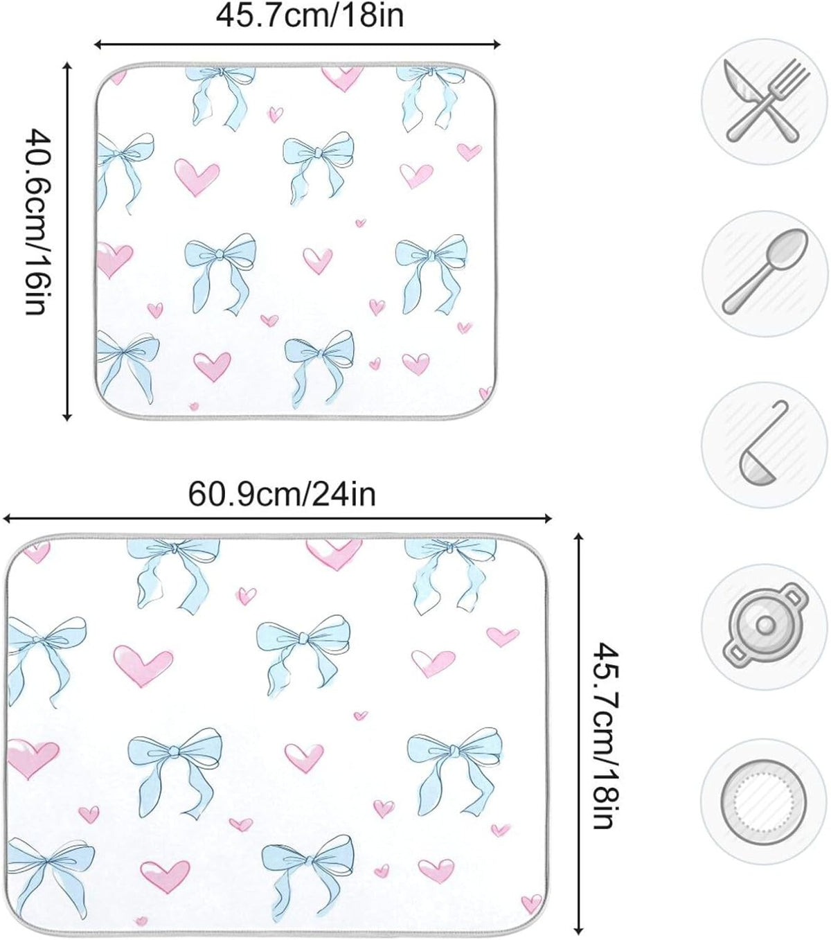 Light Blue Bows Pink Hearts Dish Drying Mat Absorbent Dishes Drainer Rack Mats Microfiber Reversible Dish Drying Pad Fast Dry Kitchen Accessories 16x18in For Kitchen Counter