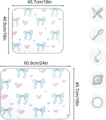 Light Blue Bows Pink Hearts Dish Drying Mat Absorbent Dishes Drainer Rack Mats Microfiber Reversible Dish Drying Pad Fast Dry Kitchen Accessories 16x18in For Kitchen Counter
