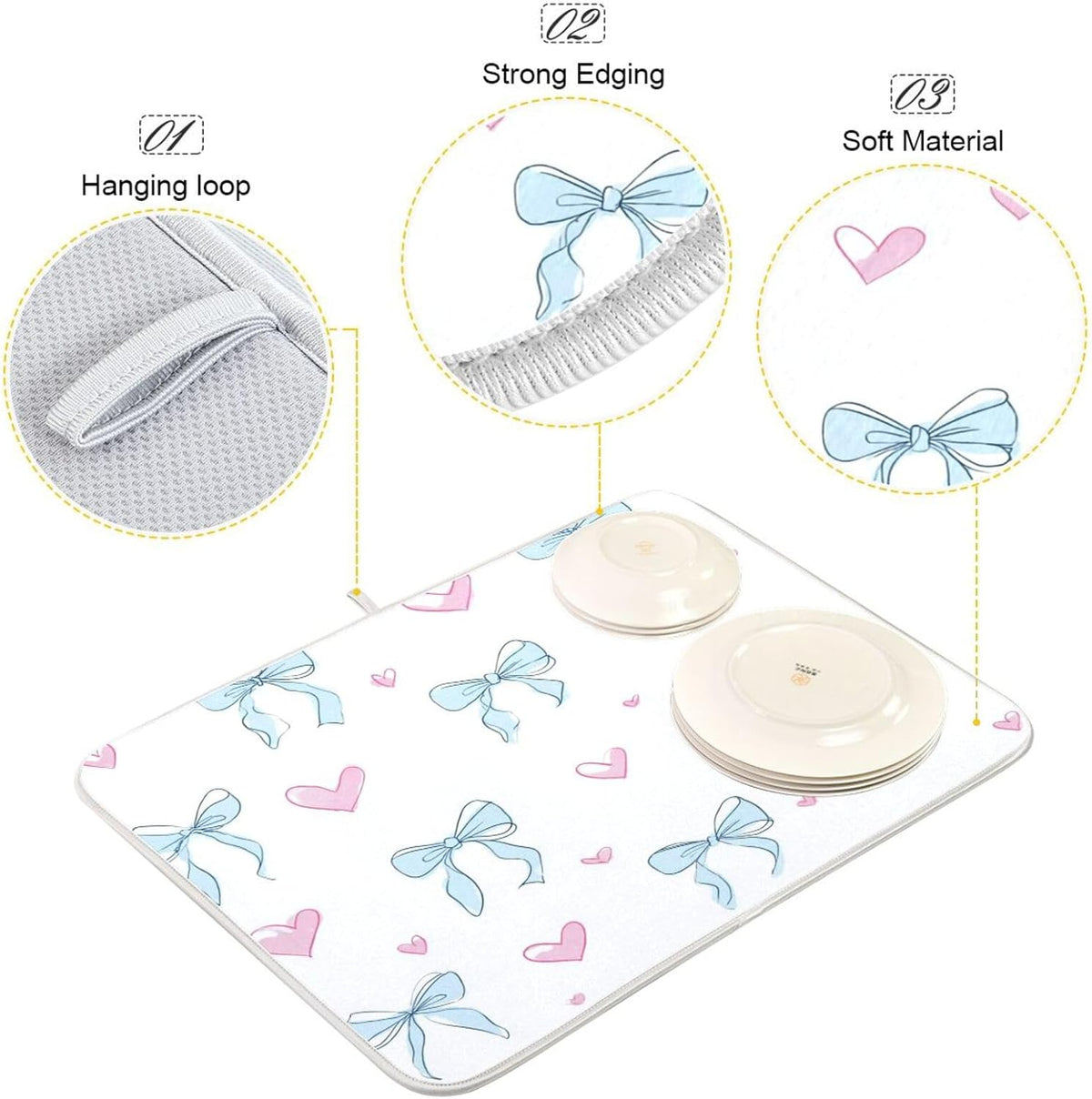 Light Blue Bows Pink Hearts Dish Drying Mat Absorbent Dishes Drainer Rack Mats Microfiber Reversible Dish Drying Pad Fast Dry Kitchen Accessories 16x18in For Kitchen Counter