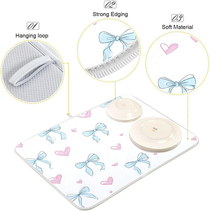 Light Blue Bows Pink Hearts Dish Drying Mat Absorbent Dishes Drainer Rack Mats Microfiber Reversible Dish Drying Pad Fast Dry Kitchen Accessories 16x18in For Kitchen Counter