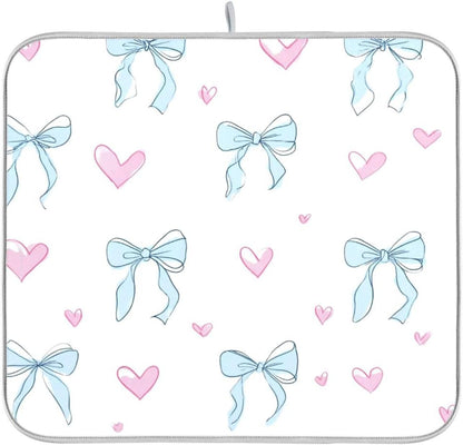 Light Blue Bows Pink Hearts Dish Drying Mat Absorbent Dishes Drainer Rack Mats Microfiber Reversible Dish Drying Pad Fast Dry Kitchen Accessories 16x18in For Kitchen Counter