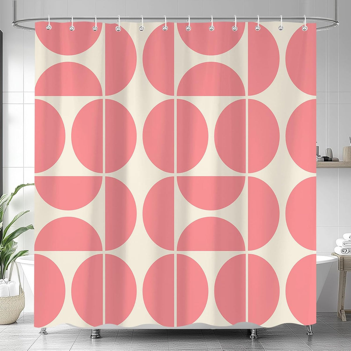 Pink Mid Century Modern Shower Curtain, Boho Abstract Geometric Retro Art Shower Curtains for Bathroom, Cute Semicircle Unique Pattern Polyester Fabric Bathroom Set 12 Hooks 72X72IN