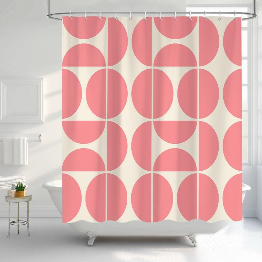 Pink Mid Century Modern Shower Curtain, Boho Abstract Geometric Retro Art Shower Curtains for Bathroom, Cute Semicircle Unique Pattern Polyester Fabric Bathroom Set 12 Hooks 72X72IN