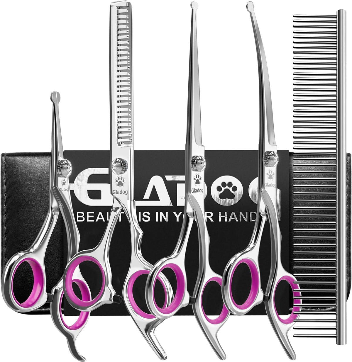 Dog Grooming Scissors Kit with Safety Round Tips, Professional 6 in 1 Grooming Scissors for Dogs, Sharp and Heavy-duty Dog Grooming Shears for Dogs Cats Pets (Pink)