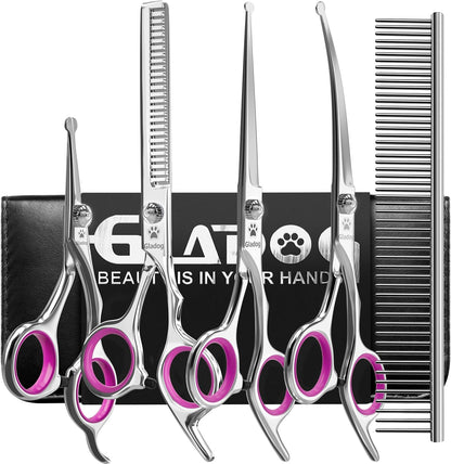 Dog Grooming Scissors Kit with Safety Round Tips, Professional 6 in 1 Grooming Scissors for Dogs, Sharp and Heavy-duty Dog Grooming Shears for Dogs Cats Pets (Pink)
