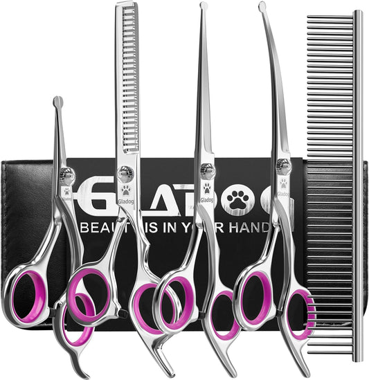 Dog Grooming Scissors Kit with Safety Round Tips, Professional 6 in 1 Grooming Scissors for Dogs, Sharp and Heavy-duty Dog Grooming Shears for Dogs Cats Pets (Pink)