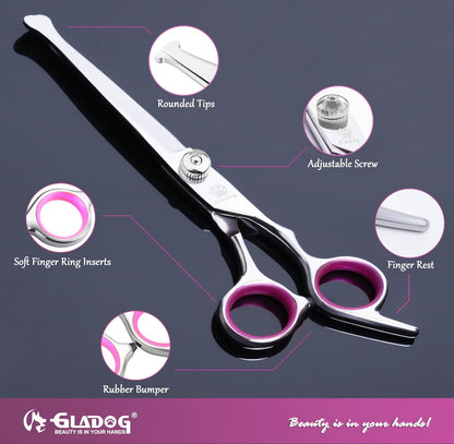 Dog Grooming Scissors Kit with Safety Round Tips, Professional 6 in 1 Grooming Scissors for Dogs, Sharp and Heavy-duty Dog Grooming Shears for Dogs Cats Pets (Pink)