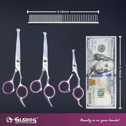 Dog Grooming Scissors Kit with Safety Round Tips, Professional 6 in 1 Grooming Scissors for Dogs, Sharp and Heavy-duty Dog Grooming Shears for Dogs Cats Pets (Pink)