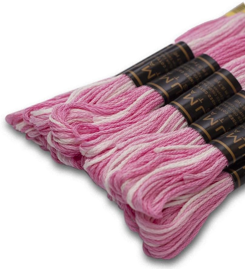 Pack of 12 Premium Embroidery Thread | 100% Egyptian Cotton Premium Skeins | Cross Stitch Embroidery Floss | Oeko TEX Certified | Ideal for Arts & Crafts (Light Pink Variegated 1201)