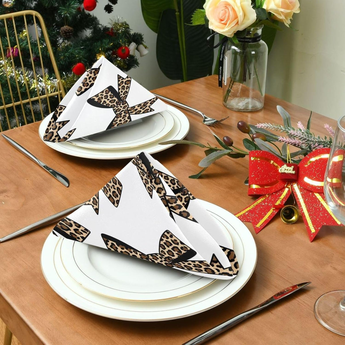 Leopard Bows 20x20 Inch Cloth Napkins Set of 6, Satin Peach Skin Polyester Dinner Napkins, Washable Reusable Table Napkins with Hemmed Edges for Wedding Party Restaurant Everyday Use