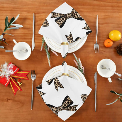 Leopard Bows 20x20 Inch Cloth Napkins Set of 6, Satin Peach Skin Polyester Dinner Napkins, Washable Reusable Table Napkins with Hemmed Edges for Wedding Party Restaurant Everyday Use