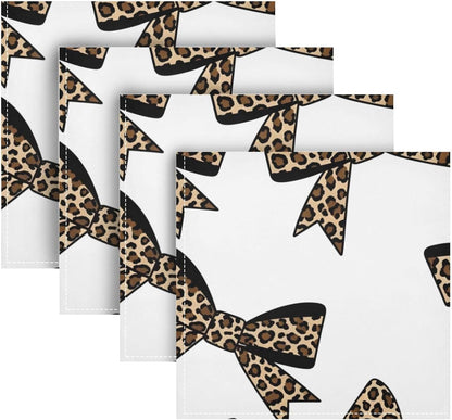Leopard Bows 20x20 Inch Cloth Napkins Set of 6, Satin Peach Skin Polyester Dinner Napkins, Washable Reusable Table Napkins with Hemmed Edges for Wedding Party Restaurant Everyday Use