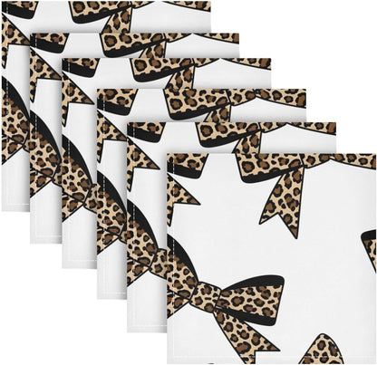 Leopard Bows 20x20 Inch Cloth Napkins Set of 6, Satin Peach Skin Polyester Dinner Napkins, Washable Reusable Table Napkins with Hemmed Edges for Wedding Party Restaurant Everyday Use