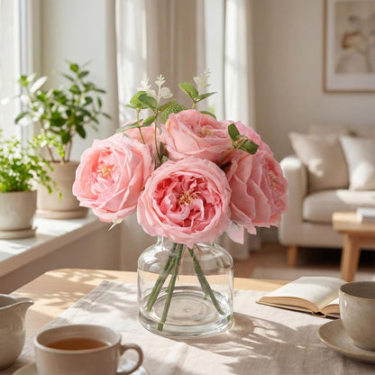 Real to Touch Penoies Artificial Flowers, 6 Pcs Faux Austin Rose in Vase with Big Bloom and Fake Water Real Latex Petals for Wedding Dining Table Centerpiece Home Decor(Pink)