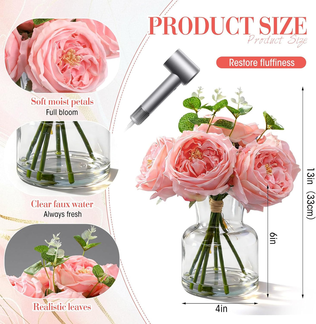 Real to Touch Penoies Artificial Flowers, 6 Pcs Faux Austin Rose in Vase with Big Bloom and Fake Water Real Latex Petals for Wedding Dining Table Centerpiece Home Decor(Pink)
