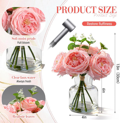 Real to Touch Penoies Artificial Flowers, 6 Pcs Faux Austin Rose in Vase with Big Bloom and Fake Water Real Latex Petals for Wedding Dining Table Centerpiece Home Decor(Pink)