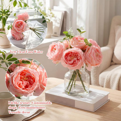 Real to Touch Penoies Artificial Flowers, 6 Pcs Faux Austin Rose in Vase with Big Bloom and Fake Water Real Latex Petals for Wedding Dining Table Centerpiece Home Decor(Pink)