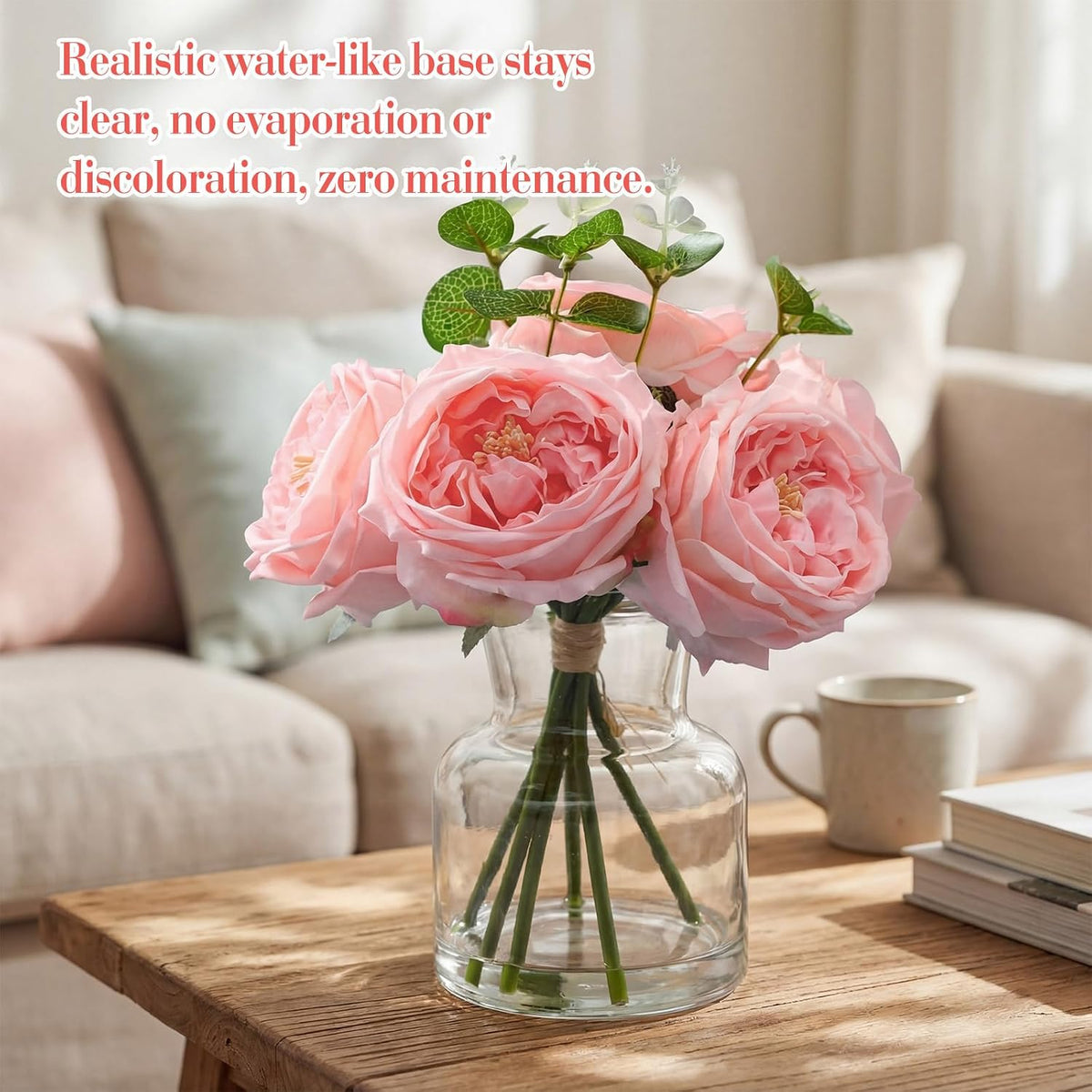 Real to Touch Penoies Artificial Flowers, 6 Pcs Faux Austin Rose in Vase with Big Bloom and Fake Water Real Latex Petals for Wedding Dining Table Centerpiece Home Decor(Pink)