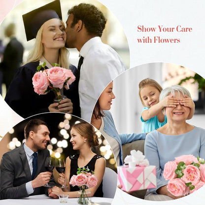 Real to Touch Penoies Artificial Flowers, 6 Pcs Faux Austin Rose in Vase with Big Bloom and Fake Water Real Latex Petals for Wedding Dining Table Centerpiece Home Decor(Pink)
