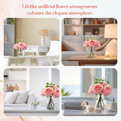 Real to Touch Penoies Artificial Flowers, 6 Pcs Faux Austin Rose in Vase with Big Bloom and Fake Water Real Latex Petals for Wedding Dining Table Centerpiece Home Decor(Pink)
