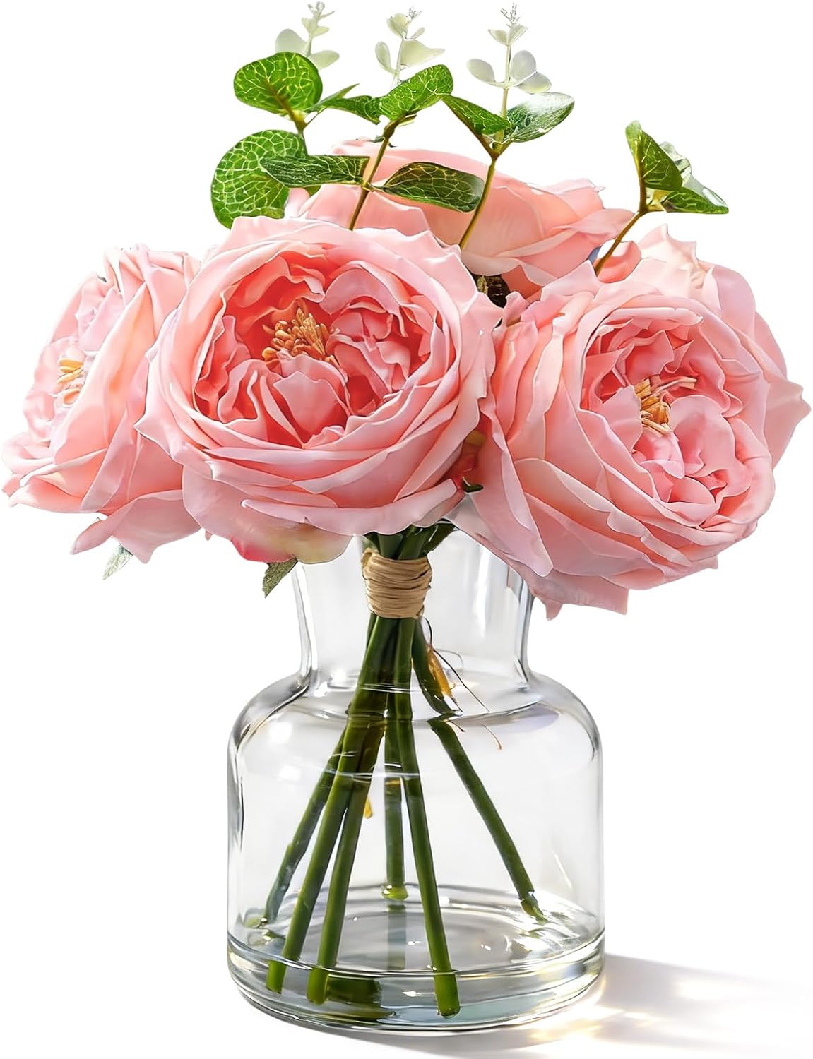 Real to Touch Penoies Artificial Flowers, 6 Pcs Faux Austin Rose in Vase with Big Bloom and Fake Water Real Latex Petals for Wedding Dining Table Centerpiece Home Decor(Pink)