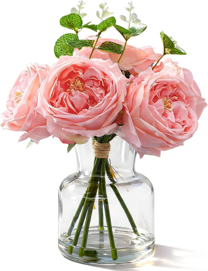 Real to Touch Penoies Artificial Flowers, 6 Pcs Faux Austin Rose in Vase with Big Bloom and Fake Water Real Latex Petals for Wedding Dining Table Centerpiece Home Decor(Pink)