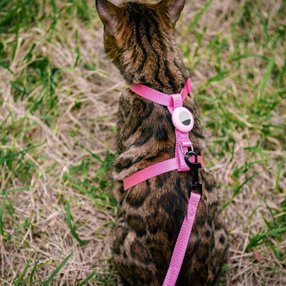 Cat Harness and Leash Set with Airtag Holder for Walking & Travelling, Escape Proof Cat Harness for Small Medium Large Kitten, Adjustable Lightweight Soft Cat Vests (Pink)