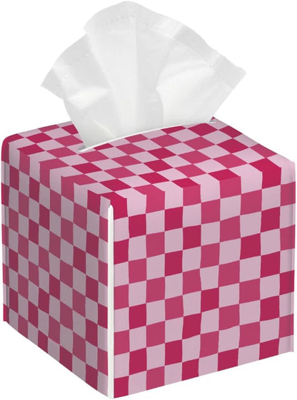 Pink Checkerboard Tissue Box Cover, Waterproof PU Leather Tissue Holder Organizer, Decorative Tissues Cube Boxes for Bedroom Dresser Nightstand