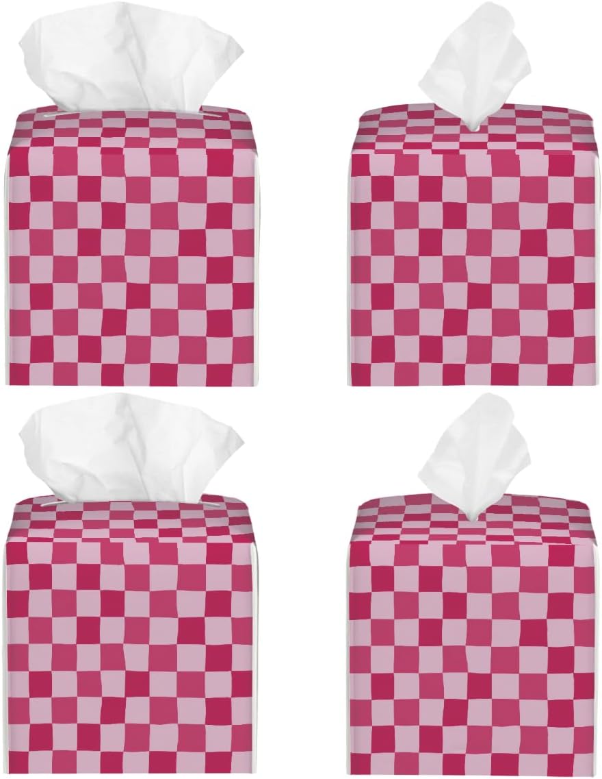 Pink Checkerboard Tissue Box Cover, Waterproof PU Leather Tissue Holder Organizer, Decorative Tissues Cube Boxes for Bedroom Dresser Nightstand