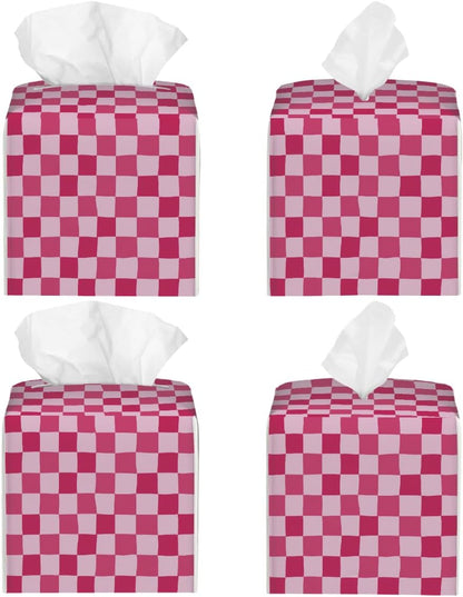 Pink Checkerboard Tissue Box Cover, Waterproof PU Leather Tissue Holder Organizer, Decorative Tissues Cube Boxes for Bedroom Dresser Nightstand