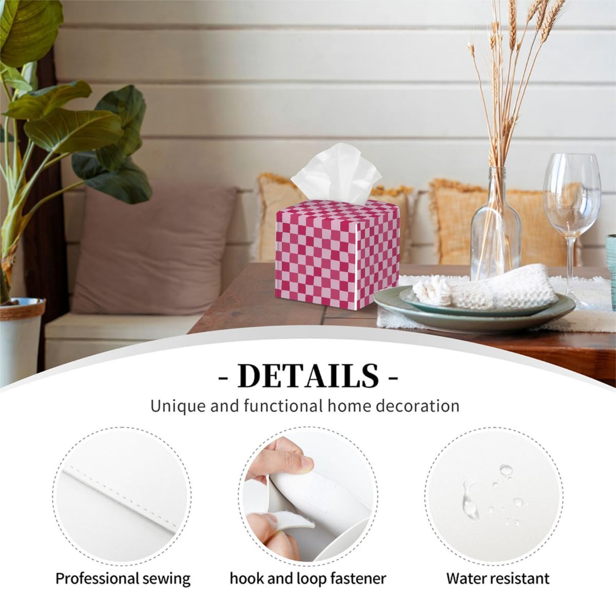 Pink Checkerboard Tissue Box Cover, Waterproof PU Leather Tissue Holder Organizer, Decorative Tissues Cube Boxes for Bedroom Dresser Nightstand