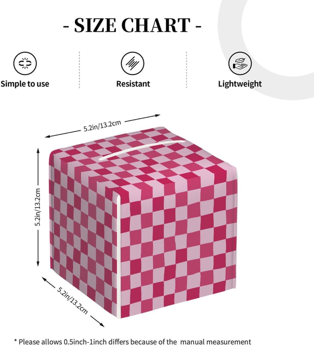 Pink Checkerboard Tissue Box Cover, Waterproof PU Leather Tissue Holder Organizer, Decorative Tissues Cube Boxes for Bedroom Dresser Nightstand