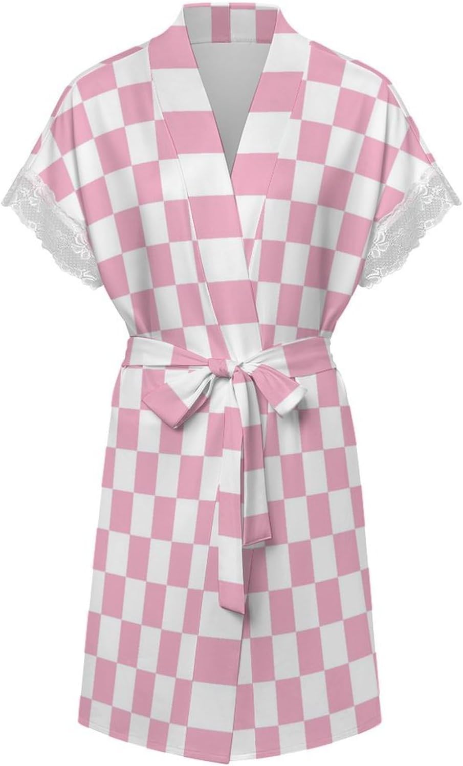 Pink Pastel Checkered Print Short Robes for Women, Kimono Robes Loungewear Dressing Gown Nightgown Sleepwear