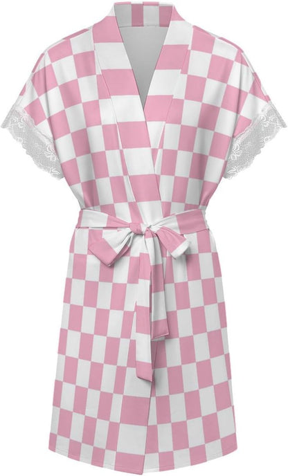 Pink Pastel Checkered Print Short Robes for Women, Kimono Robes Loungewear Dressing Gown Nightgown Sleepwear
