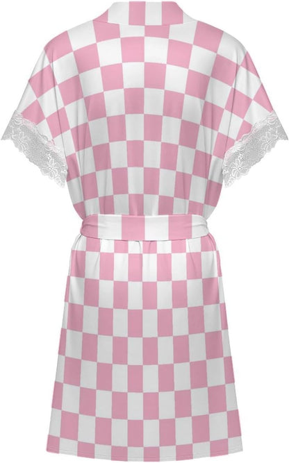Pink Pastel Checkered Print Short Robes for Women, Kimono Robes Loungewear Dressing Gown Nightgown Sleepwear