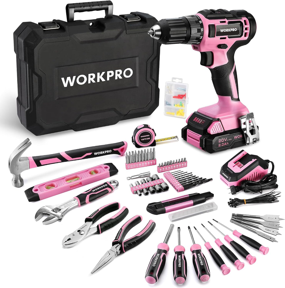 20V Pink Cordless Drill and 141-Piece Home Tool Kit for Women