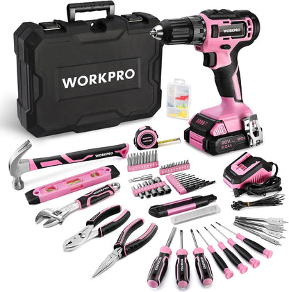 20V Pink Cordless Drill and 141-Piece Home Tool Kit for Women