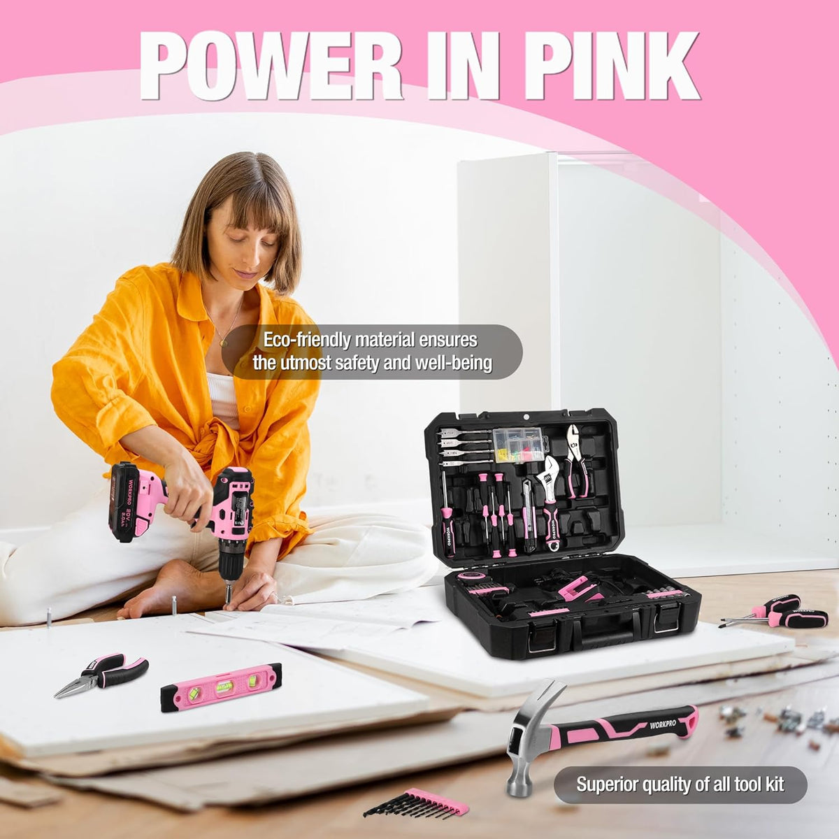 20V Pink Cordless Drill and 141-Piece Home Tool Kit for Women