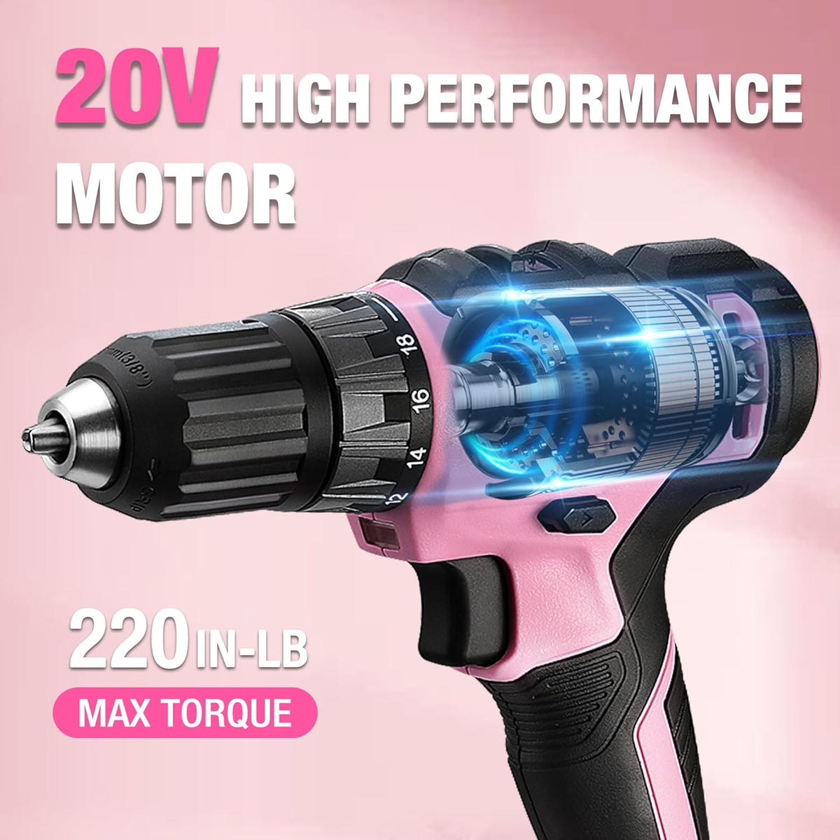 20V Pink Cordless Drill and 141-Piece Home Tool Kit for Women