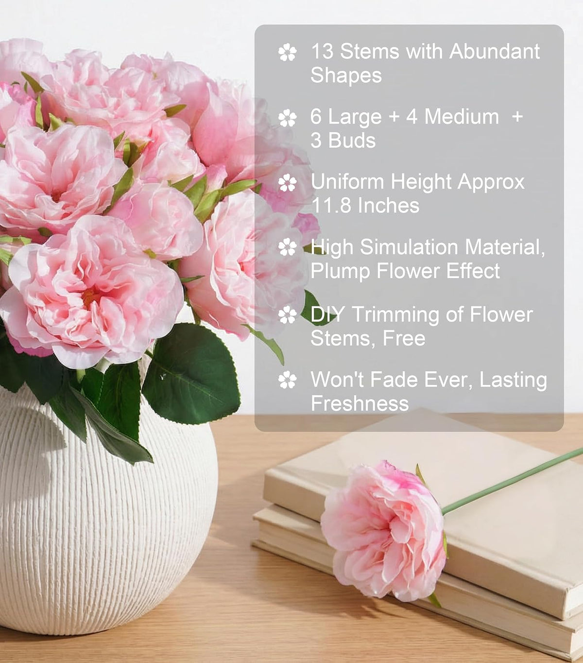 13 Pcs Fake Roses Artificial Flowers, Artificial Roses with Stems Silk Flowers Realistic Roses for Home Wedding Decoration Party DIY Bouquet, Light Pink
